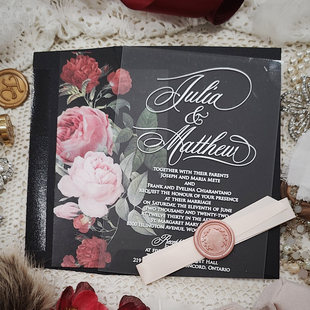 Invitation 5118:  - acrylic invite with white ink blush ribbon and blush wax seal