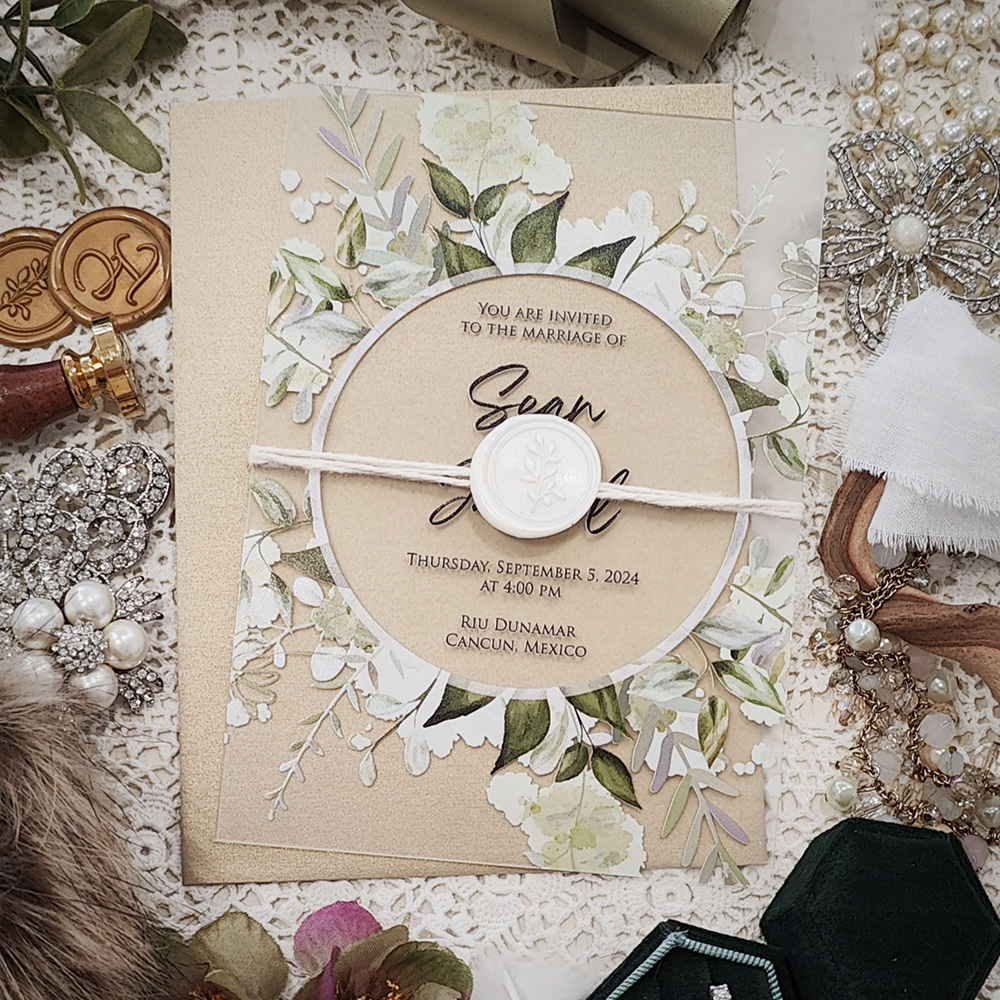 Invitation 5120: Acrylic - Clear, Ivory Wax, String Ribbon - leaf design circle acrylic invitation with string and ivory wax seal