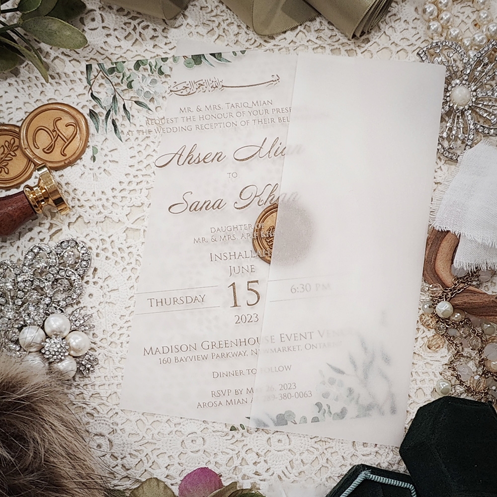Invitation 5121: Acrylic - Clear, Gold Wax - Clear acrylic with vellum wrap and gold wax seal