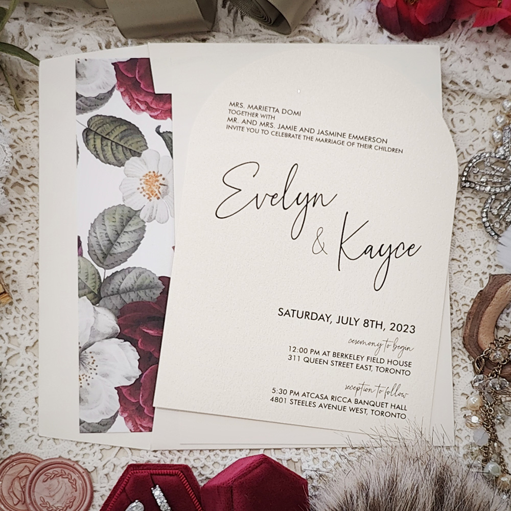 Invitation 3600: White Gold - Arched shaped wedding invitation with modern fonts and layout design.
