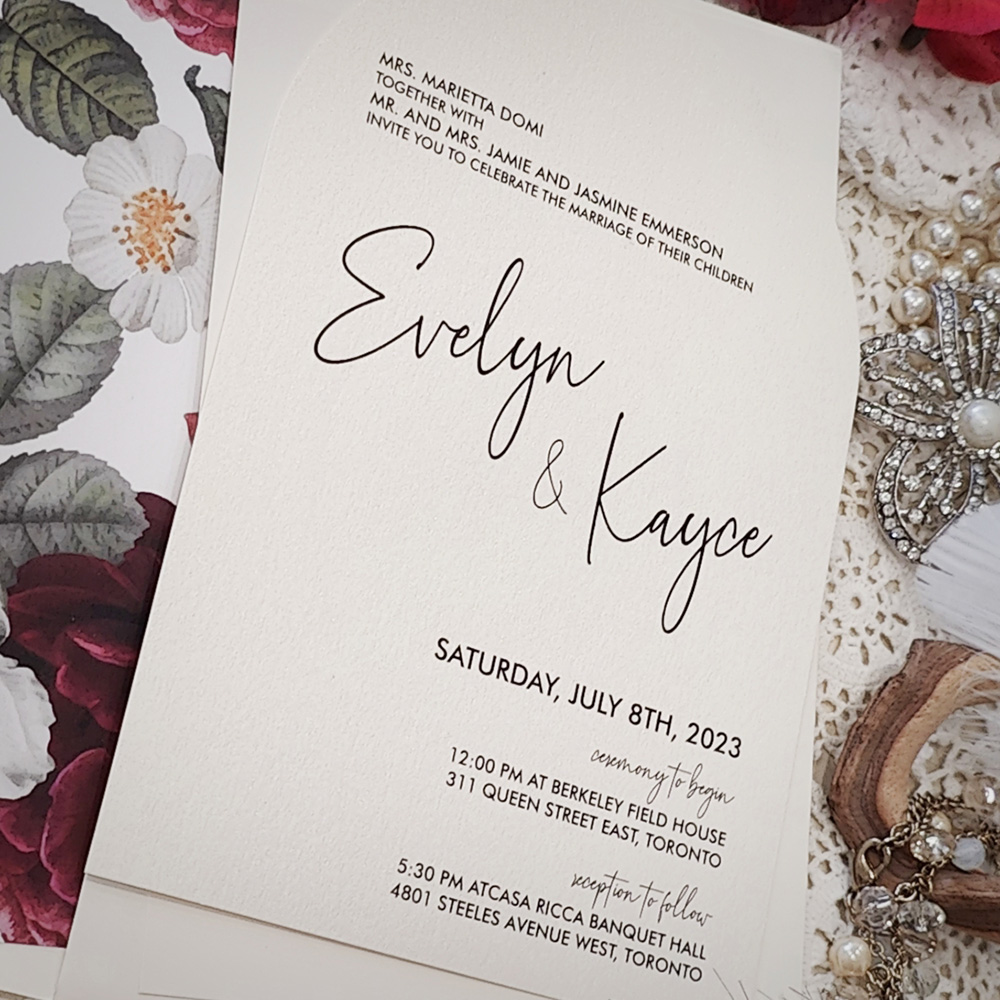 Invitation 3600: White Gold - Arched shaped wedding invitation with modern fonts and layout design.