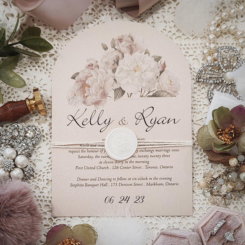 Invitation 3602: Blush Pearl, Ivory Wax, String Ribbon - Blush pearl arched shaped wedding invite with string and ivory wax seal.