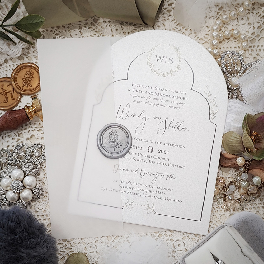 Invitation 3604: Matte White, Silver Wax - Matte white arched shaped wedding card with a clear vellum wrap and silver branch wax seal.