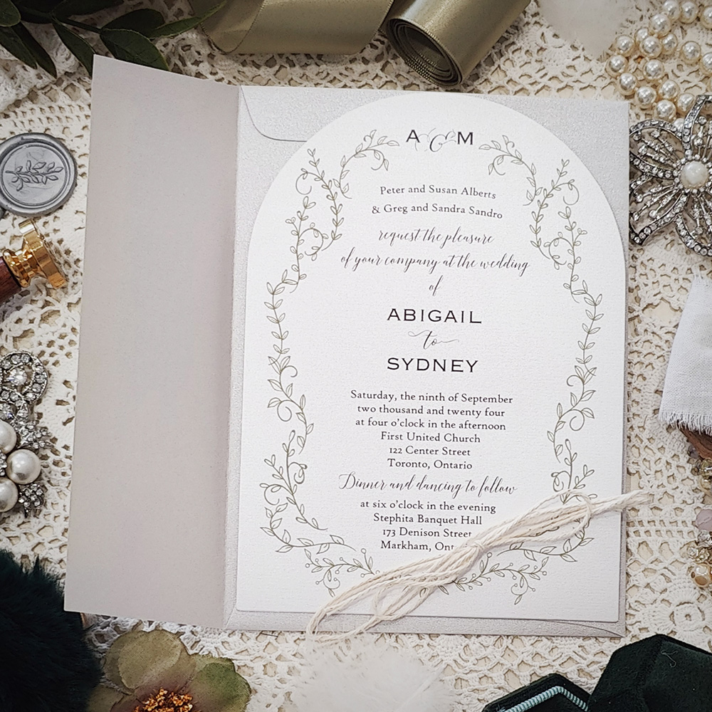 Invitation 3608: Matte White, String Ribbon - Matte white arch shaped wedding card with a string tied as a bow.