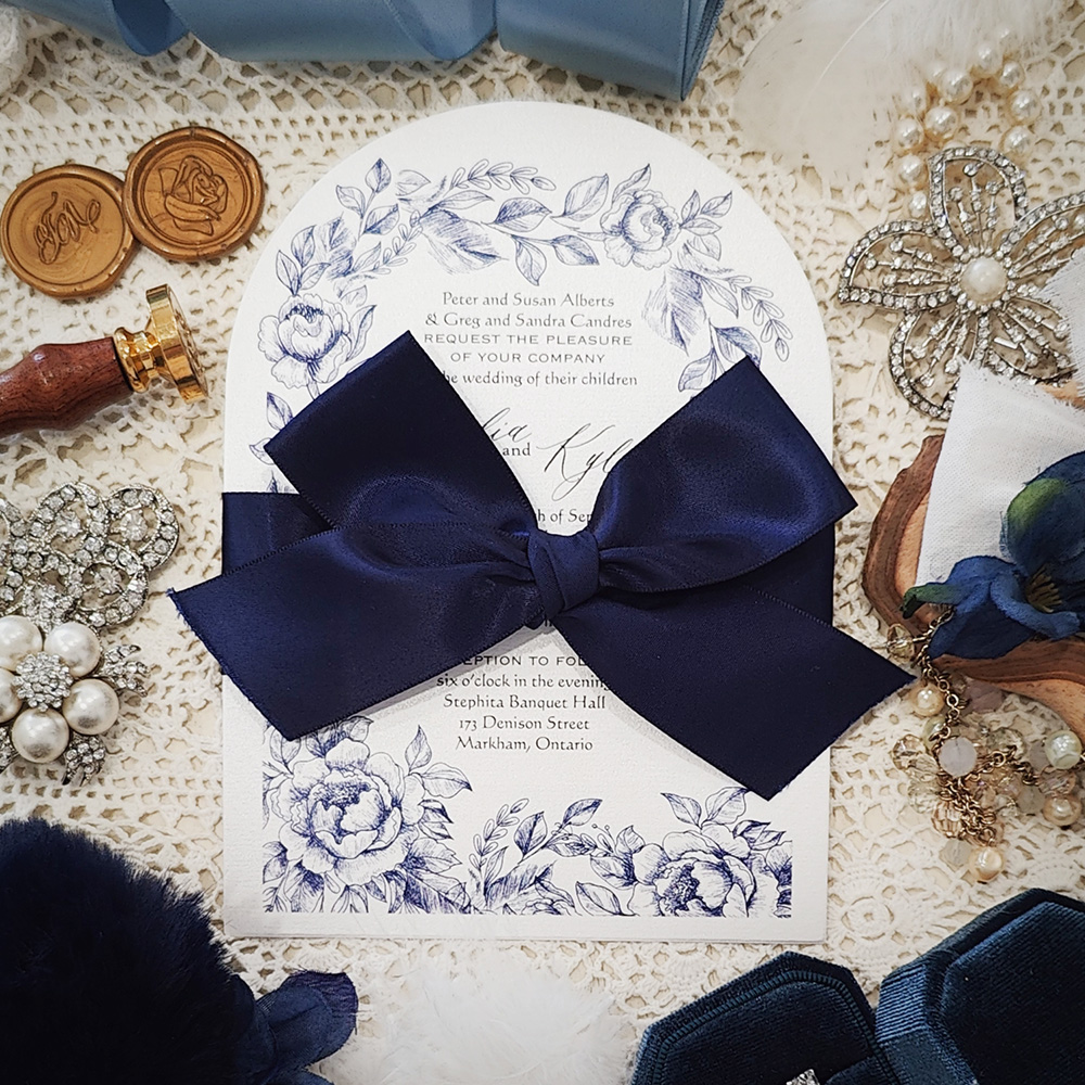 Invitation 3610: Ice Pearl, Navy Ribbon - Arched shaped wedding invite on ice pearl paper with navy blue ribbon bow.