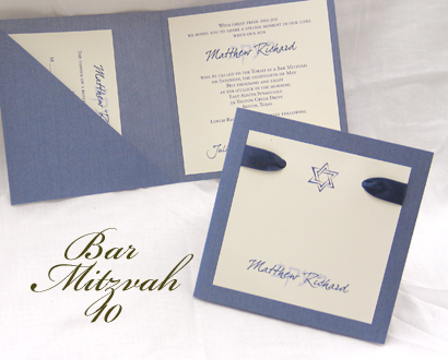 Invitation BarMitzvah10: Blue Steele Pearl, Cream Smooth, Navy Ribbon