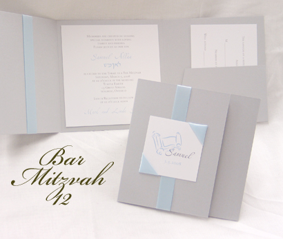 Invitation BarMitzvah12: Silver Pearl, White Smooth, Light Blue Ribbon, Light Blue Ribbon
