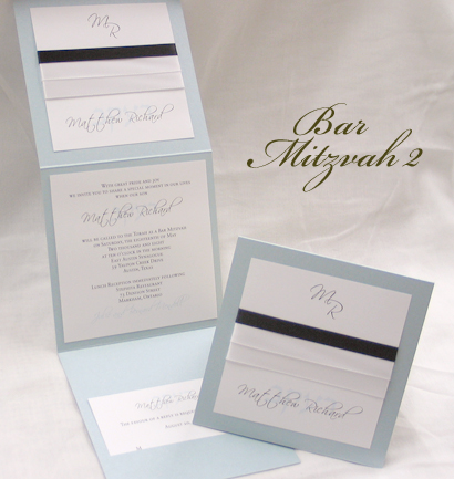 Invitation BarMitzvah2: Blue Aspire Pearl, White Smooth, White Ribbon, White Ribbon, Black Ribbon