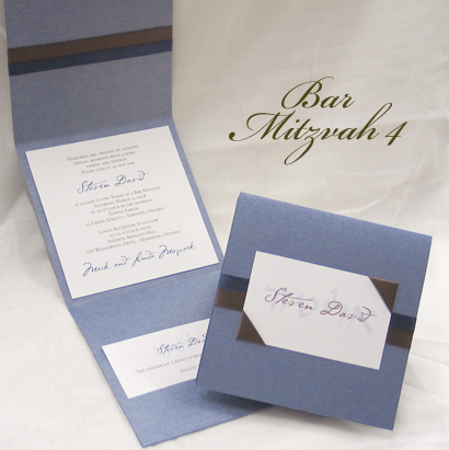 Invitation BarMitzvah4: Blue Steele Pearl, White Smooth, Brown Ribbon, Navy Ribbon, Brown Ribbon