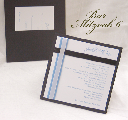 Invitation BarMitzvah6: Black Linen, White Smooth, Blue Mist Ribbon, White Ribbon, Black Ribbon