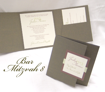 Invitation BarMitzvah8: Sage Pearl, Brown Pearl, Cream Smooth, Honeydew Ribbon