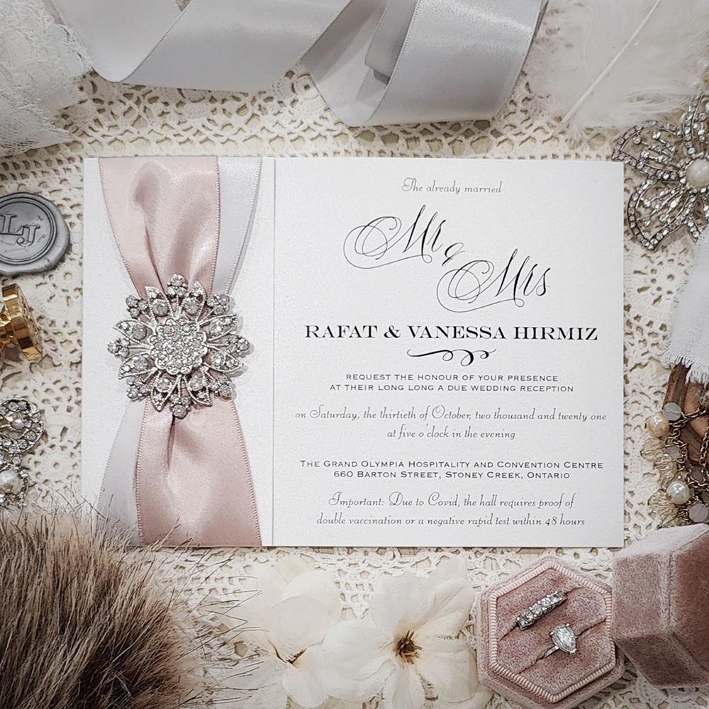 Invitation 3502: Ice Pearl, Silver Ribbon, Blush Ribbon, Brooch/Buckle A11 - Single card wedding invite with 2 ribbons and brooch.