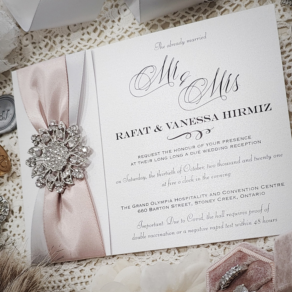 Invitation 3502: Ice Pearl, Silver Ribbon, Blush Ribbon, Brooch/Buckle A11 - Single card wedding invite with 2 ribbons and brooch.