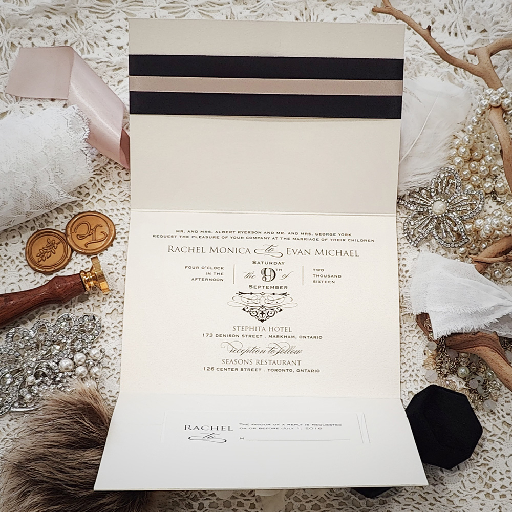 Invitation 3509: White Gold, Black Ribbon, Blush Ribbon, Brooch/Buckle A20 - Pocketfolder wedding invite on white gold with 2 ribbons in black and blush with a large brooch decal.