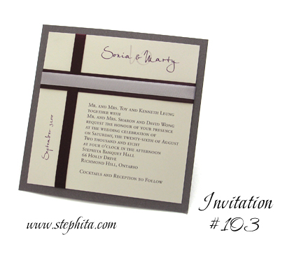 Invitation 103: Charcoal Pearl, Cream Smooth, Eggplant Ribbon, Silver Ribbon