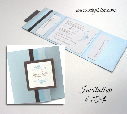 Invitation 104: Blue Aspire Pearl, N/A, White Smooth, Brown Ribbon, Light Blue Ribbon
