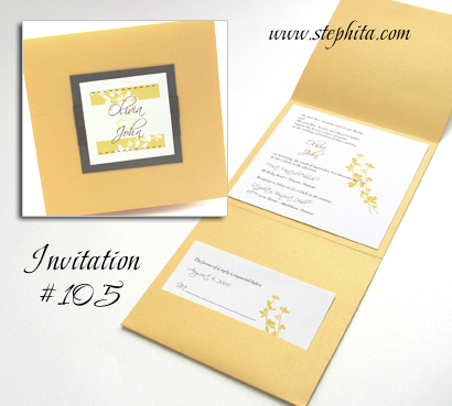 Invitation 105: Mango Pearl, Chocolate Smooth, White Smooth, Brown Ribbon