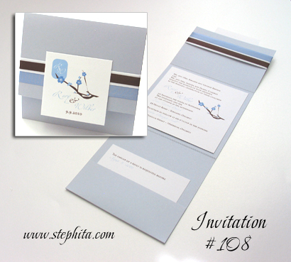 Invitation 108: Blue Plasma Pearl, White Smooth, Blue Mist Ribbon, White Ribbon, Brown Ribbon
