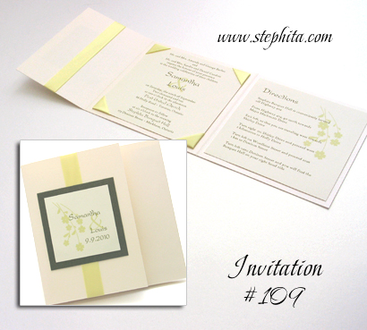 Invitation 109: Ivory Pearl, Sage Pearl, Cream Smooth, Canary Ribbon