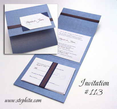 Invitation 113: Blue Steele Pearl, White Smooth, Navy Ribbon, Brown Ribbon