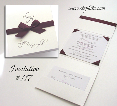 Invitation 117: White Pearl, White Smooth, Eggplant Ribbon