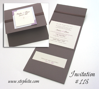 Invitation 118: N/A, Mauve Pearl, Cream Smooth, Brown Ribbon, Lavender Ribbon
