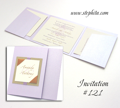 Invitation 121: Lilac Pearl, Gold Pearl, Cream Smooth, Gold Ribbon, Lavender Ribbon