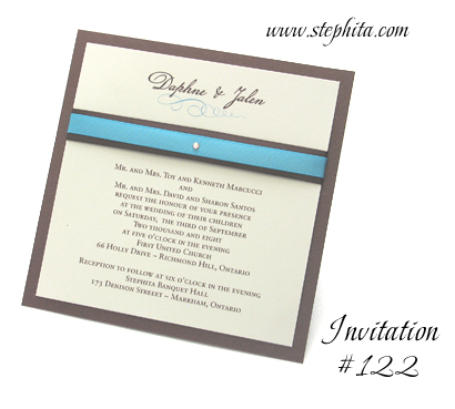 Invitation 122: Chocolate Linen, Cream Smooth, Brown Ribbon, Turquoise Ribbon