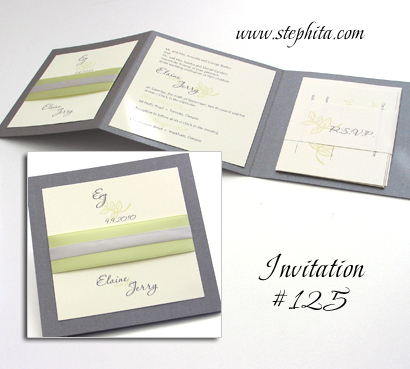 Invitation 125: Charcoal Pearl, Cream Smooth, Honeydew Ribbon, Silver Ribbon