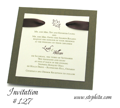 Invitation 127: Sage Pearl, Cream Smooth, Brown Ribbon
