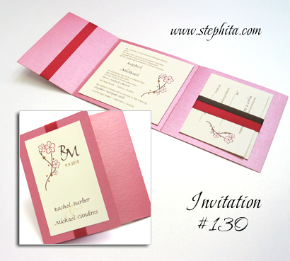 Invitation 130: Raspberry Pearl, Cream Smooth, Red Ribbon, Brown Ribbon
