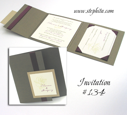 Invitation 134: Sage Pearl, Gold Pearl, Cream Smooth, Eggplant Ribbon