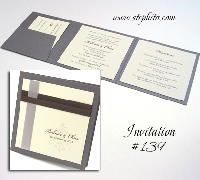 Invitation 139: Charcoal Pearl, Cream Smooth, Brown Ribbon, Silver Ribbon