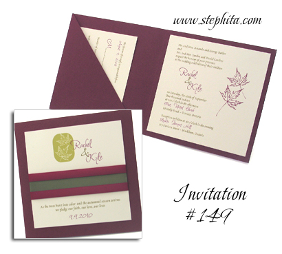 Invitation 149: Burgundy Linen, Cream Smooth, Sage Ribbon, Wine Ribbon