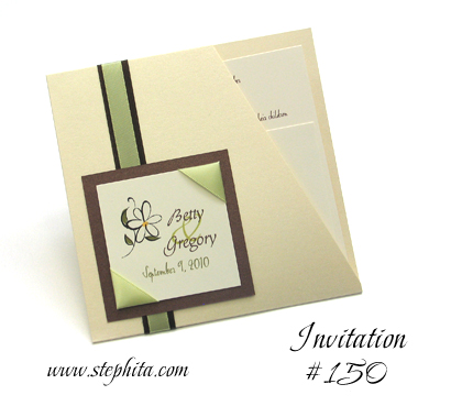 Invitation 150: Buttermilk Pearl, Brown Pearl, Cream Smooth, Brown Ribbon, Honeydew Ribbon