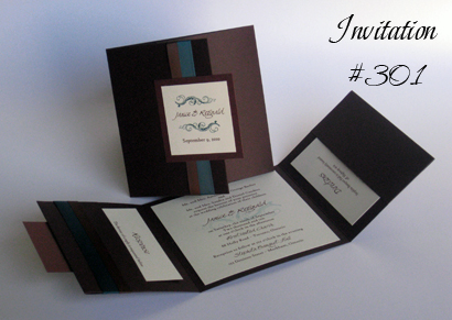 Invitation 301: Chocolate Linen, Brown Pearl, Teal Ribbon, Brown Ribbon