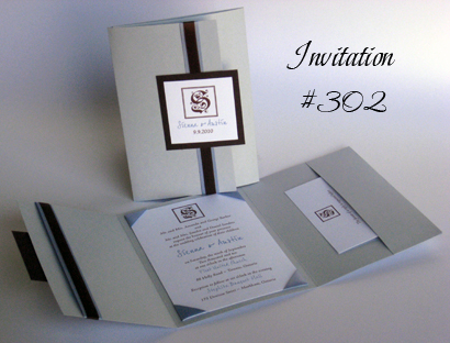 Invitation 302: Blue Plasma Pearl, Chocolate Smooth, Blue Mist Ribbon, Brown Ribbon