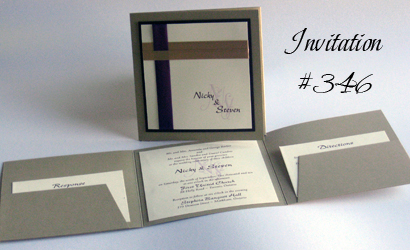 Invitation 346: Gold Pearl, Chocolate Smooth, Cream Smooth, Purple Ribbon, Champagne Ribbon