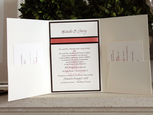 Invitation 903: White Gold, Chocolate Smooth, Cream Smooth, Brown Ribbon, Coral Ribbon