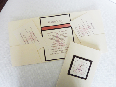 Invitation 903: White Gold, Chocolate Smooth, Cream Smooth, Brown Ribbon, Coral Ribbon