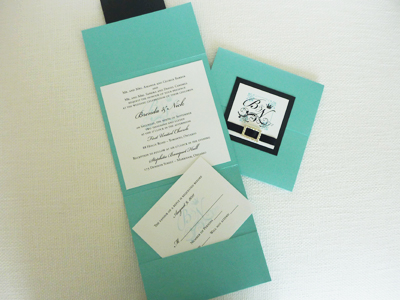 Invitation 904: Tiffany Pearl, Black Linen, White Smooth, Black Ribbon, Brooch/Buckle M