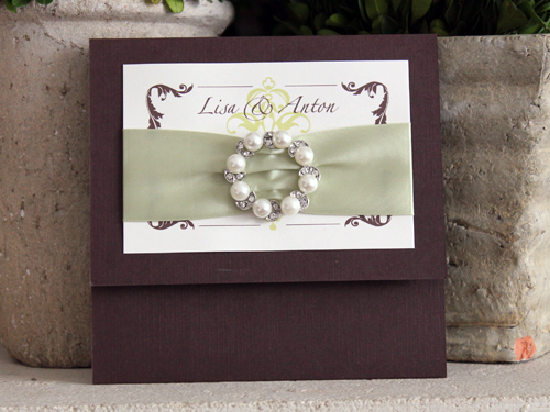 Invitation 906: Chocolate Linen, Cream Smooth, Honeydew Ribbon, Brooch/Buckle W