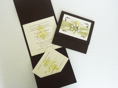 Invitation 906: Chocolate Linen, Cream Smooth, Honeydew Ribbon, Brooch/Buckle W