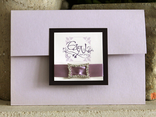 Invitation 907: Orchid Pearl, Dark Purple, Cream Smooth, Lavender Ribbon, Brooch/Buckle N