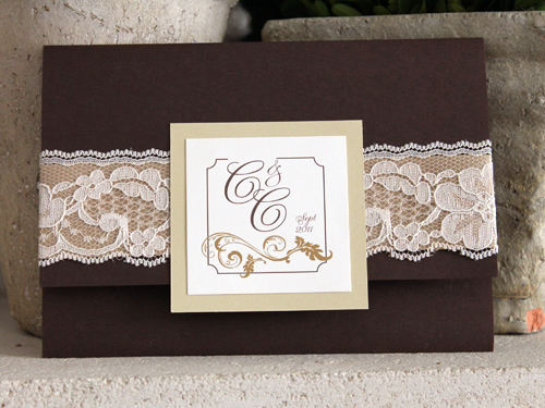 Invitation 910: Chocolate Linen, Gold Dust, Cream Smooth, Champagne Ribbon