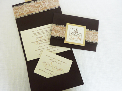 Invitation 910: Chocolate Linen, Gold Dust, Cream Smooth, Champagne Ribbon