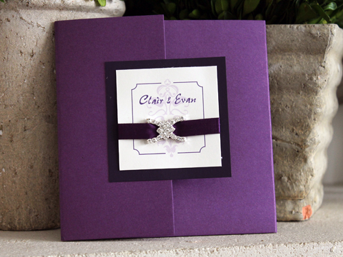 Invitation 911: Purple Pearl, Dark Purple, Cream Smooth, Purple Ribbon, Brooch/Buckle F