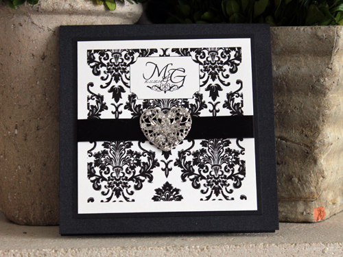 Invitation 913: Black Pearl, Black Linen, White Smooth, Black Ribbon, Brooch/Buckle U