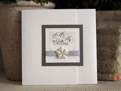 Invitation 916: Antique Pearl, Charcoal Pearl, Cream Smooth, Silver Ribbon, Brooch/Buckle B