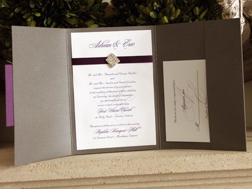 Invitation 917: Charcoal Pearl, Purple Pearl, White Smooth, Purple Ribbon, Brooch/Buckle I